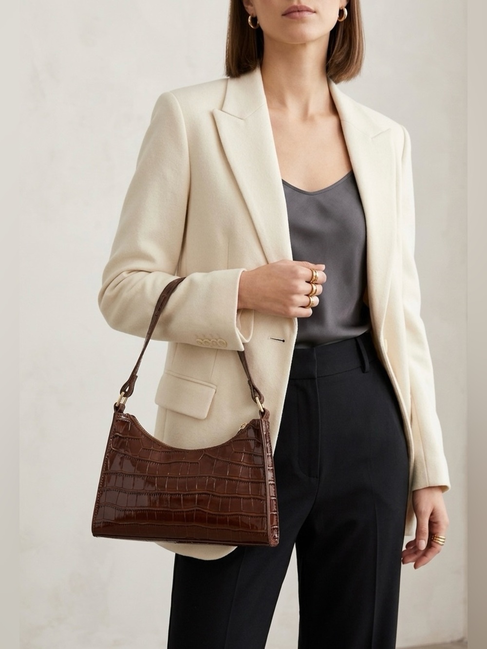 Brown Croc‑Embossed Shoulder Bag